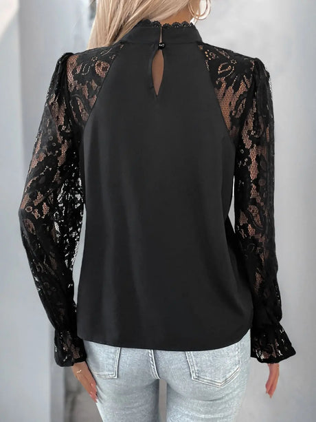 Perfee Mock Neck Lace Long Sleeve Blouse Trendsi Hanalas