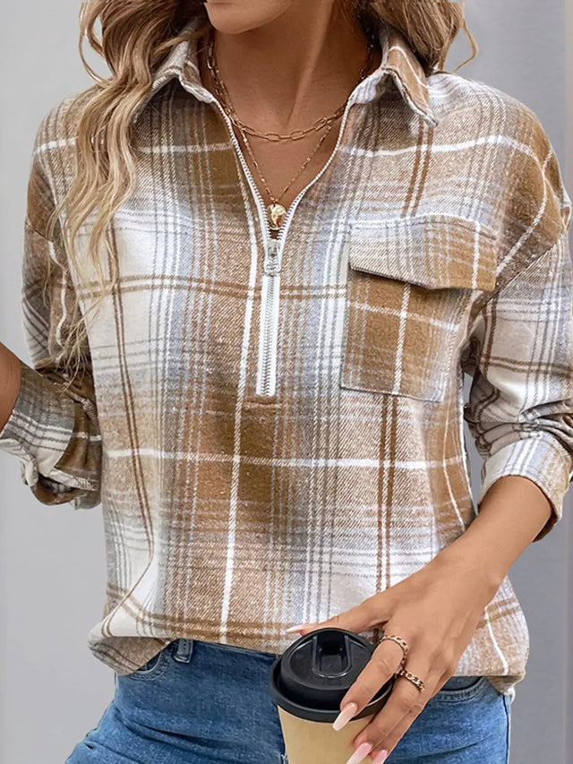 Perfee Plaid Collared Neck Half Zip Long Sleeve Top Trendsi Hanalas