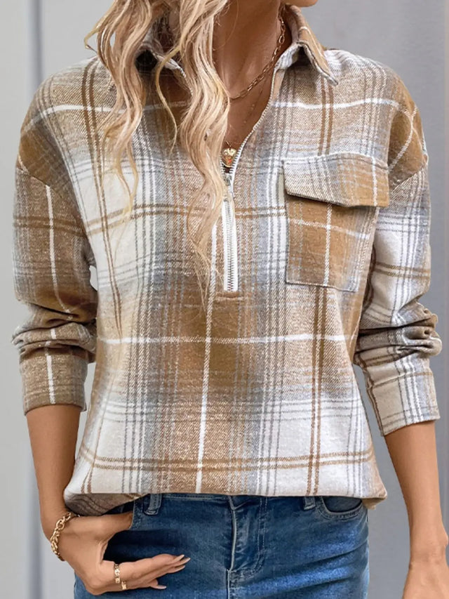 Perfee Plaid Collared Neck Half Zip Long Sleeve Top Trendsi Hanalas