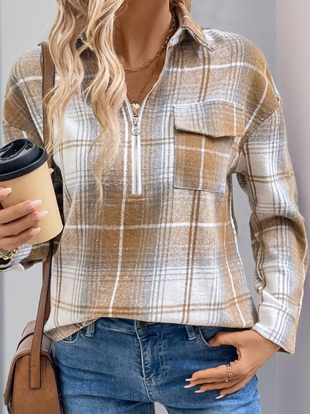 Perfee Plaid Collared Neck Half Zip Long Sleeve Top Trendsi Hanalas