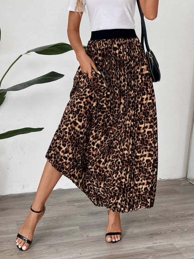 Perfee Pleated Leopard Maxi Skirt Trendsi Hanalas