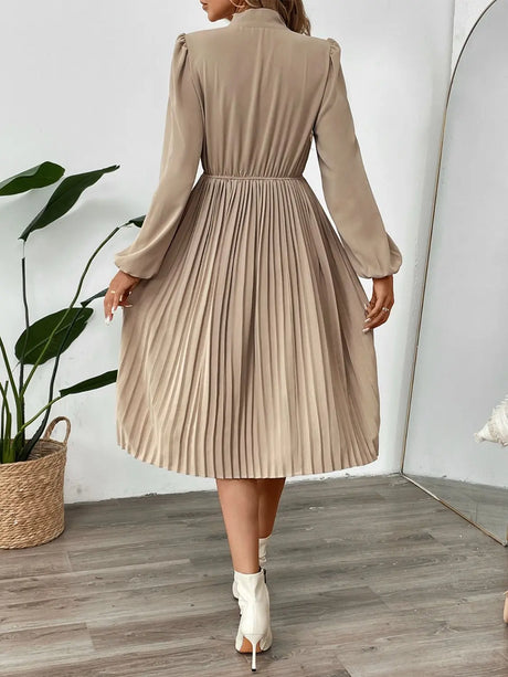 Perfee Pleated Tie Neck Long Sleeve Dress | Hanalas