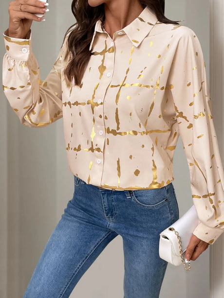 Perfee Printed Collared Neck Long Sleeve Shirt Trendsi Hanalas