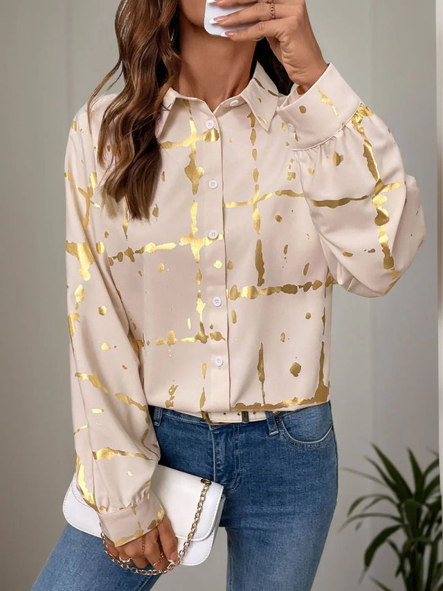 Perfee Printed Collared Neck Long Sleeve Shirt Trendsi Hanalas