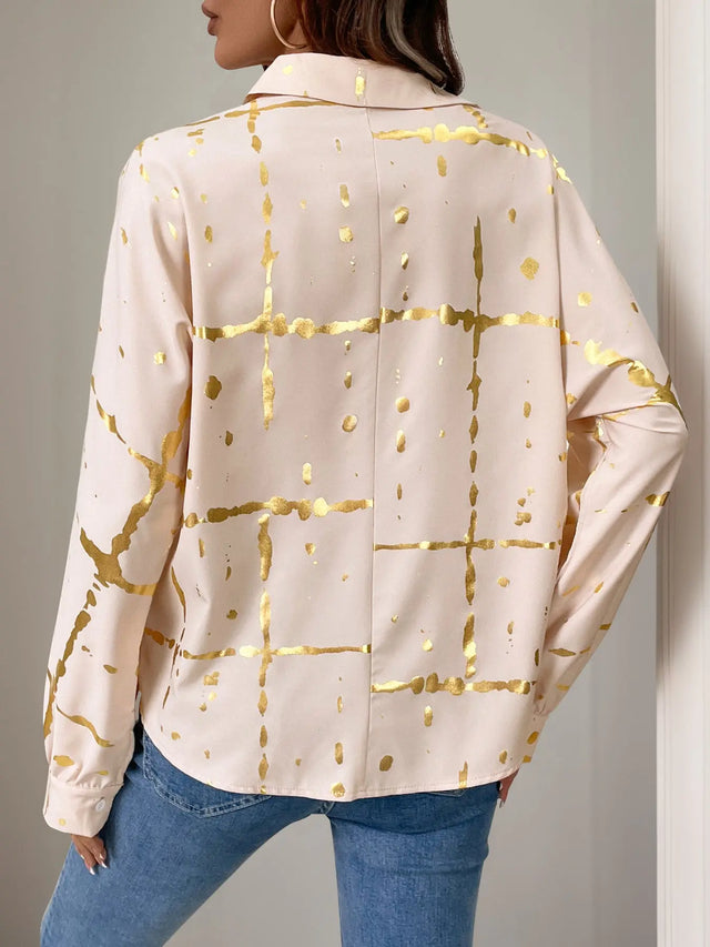 Perfee Printed Collared Neck Long Sleeve Shirt Trendsi Hanalas