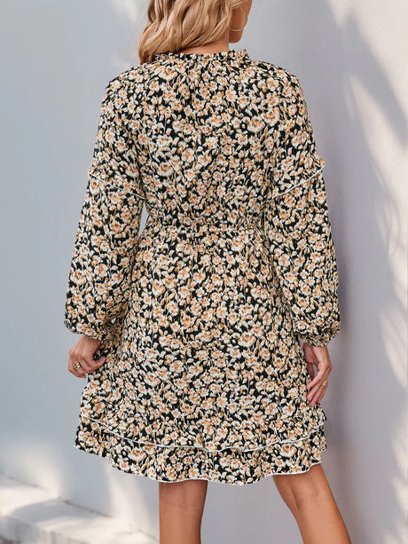 Perfee Printed Tie Neck Long Sleeve Mini Dress | Hanalas