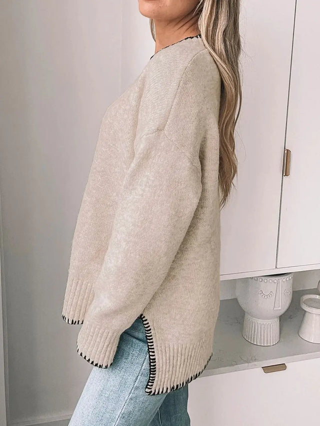 Perfee Round Neck Long Sleeve Sweater Trendsi Hanalas