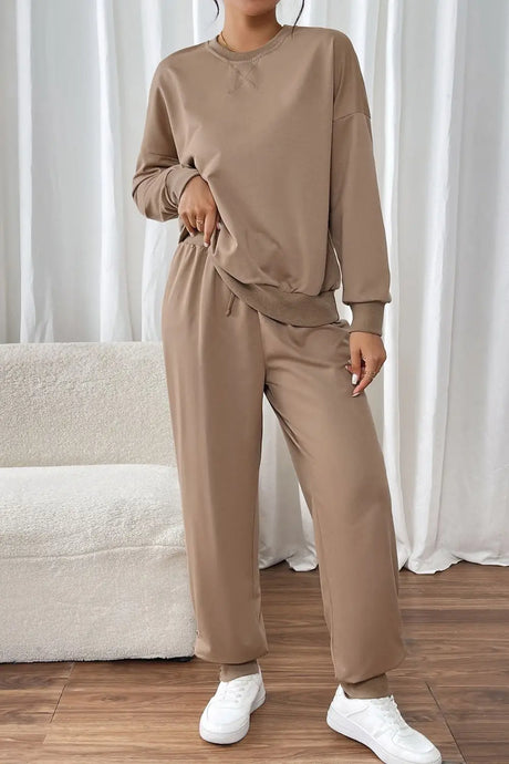 Perfee Round Neck Long Sleeve Top and Pants Set | Hanalas