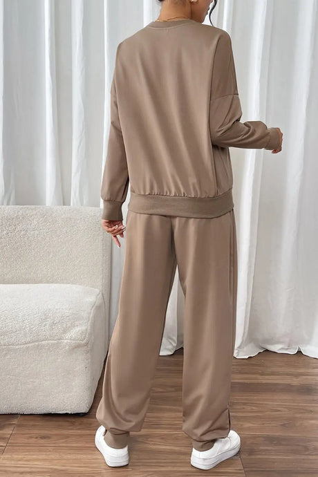 Perfee Round Neck Long Sleeve Top and Pants Set | Hanalas
