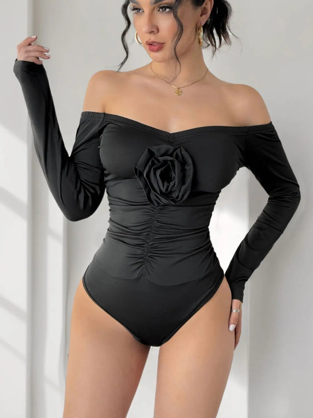 Perfee Ruched Flower Off-Shoulder Long Sleeve Bodysuit Trendsi Hanalas