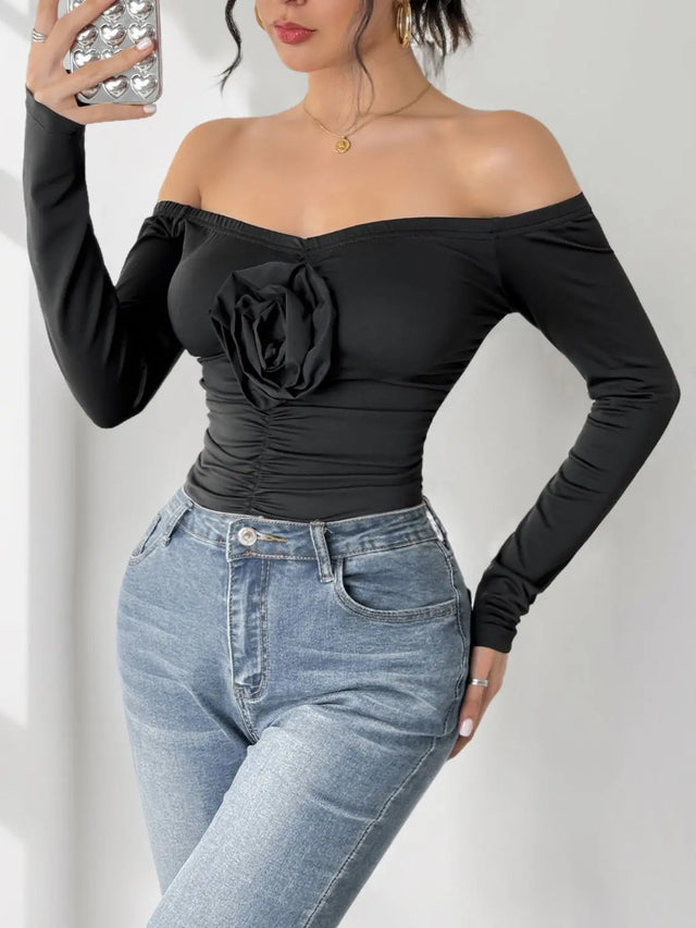 Perfee Ruched Flower Off-Shoulder Long Sleeve Bodysuit Trendsi Hanalas