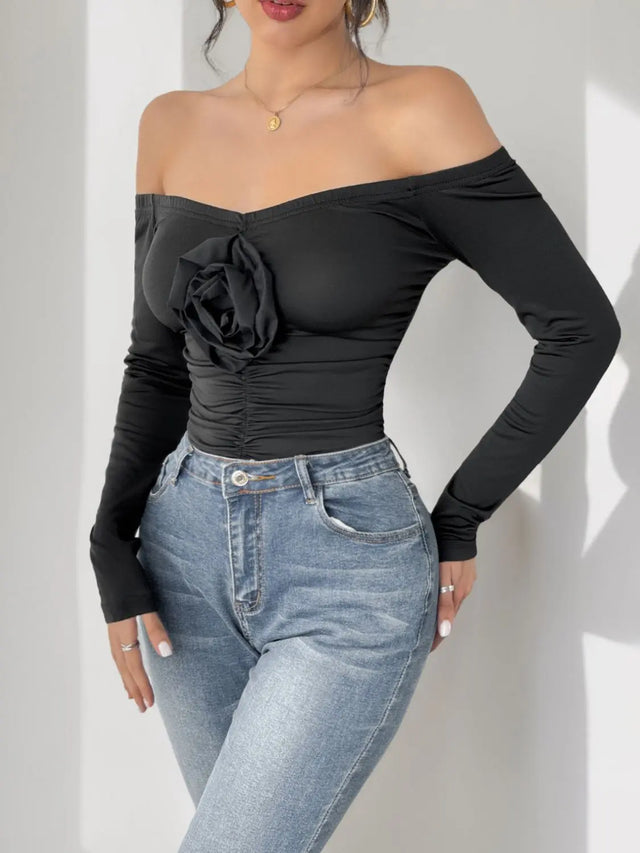 Perfee Ruched Flower Off-Shoulder Long Sleeve Bodysuit Trendsi Hanalas