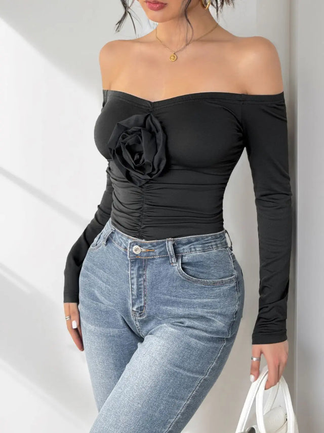 Perfee Ruched Flower Off-Shoulder Long Sleeve Bodysuit Trendsi Hanalas