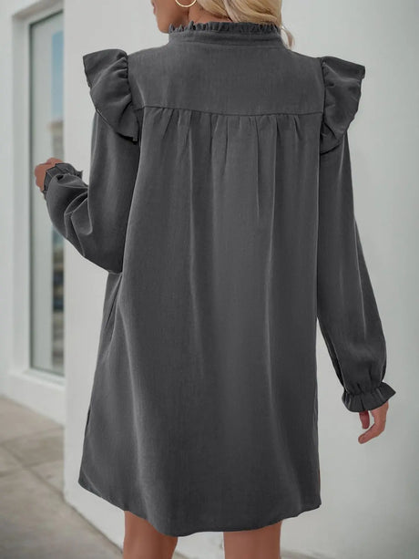 Perfee Ruffled Notched Long Sleeve Mini Dress | Hanalas