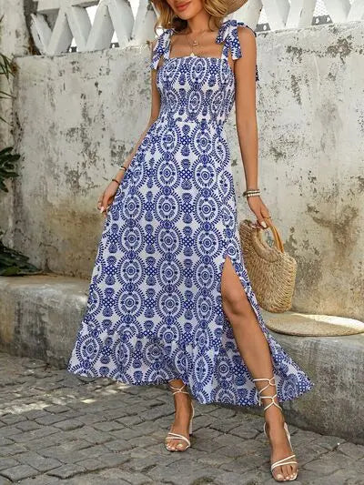 Perfee Slit Smocked Square Neck Printed Maxi Cami Dress | Hanalas