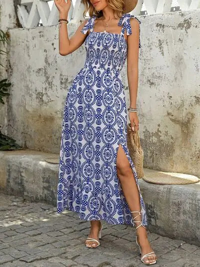 Perfee Slit Smocked Square Neck Printed Maxi Cami Dress | Hanalas