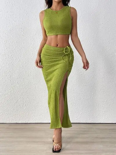 Perfee Texture Cropped Tank and Ruched Skirt Set | Hanalas