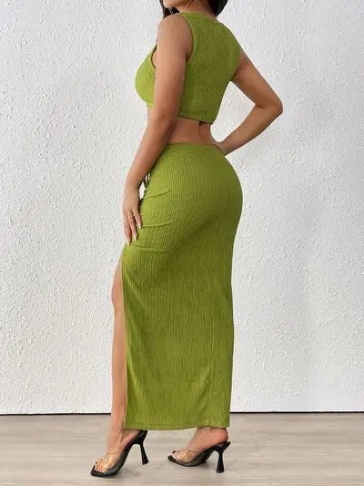 Perfee Texture Cropped Tank and Ruched Skirt Set | Hanalas