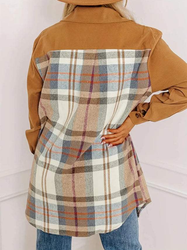 Plaid Collared Neck Long Sleeve Jacket Trendsi Hanalas