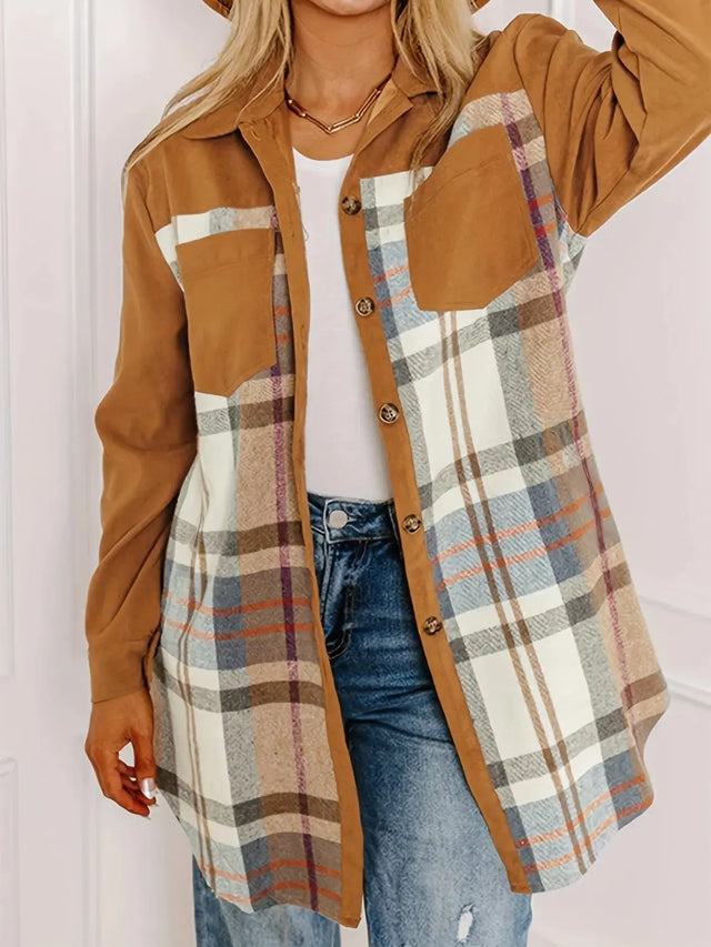 Plaid Collared Neck Long Sleeve Jacket Trendsi Hanalas