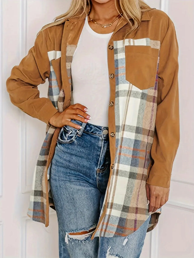 Plaid Collared Neck Long Sleeve Jacket Trendsi Hanalas