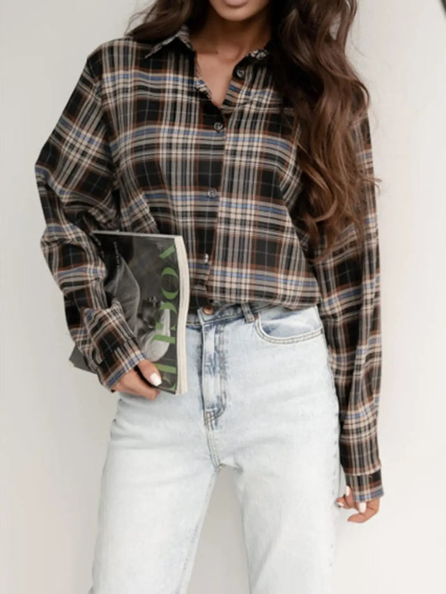 Plaid Collared Neck Long Sleeve Shirt | Hanalas