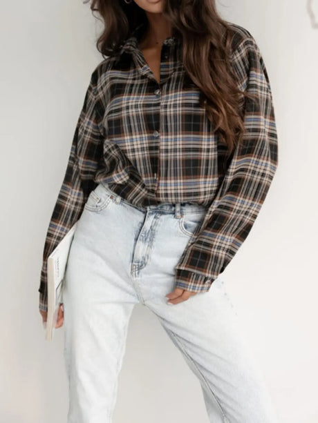 Plaid Collared Neck Long Sleeve Shirt | Hanalas