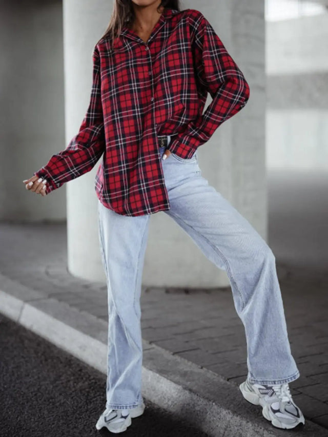 Plaid Collared Neck Long Sleeve Shirt | Hanalas