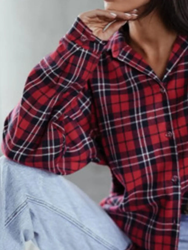 Plaid Collared Neck Long Sleeve Shirt | Hanalas