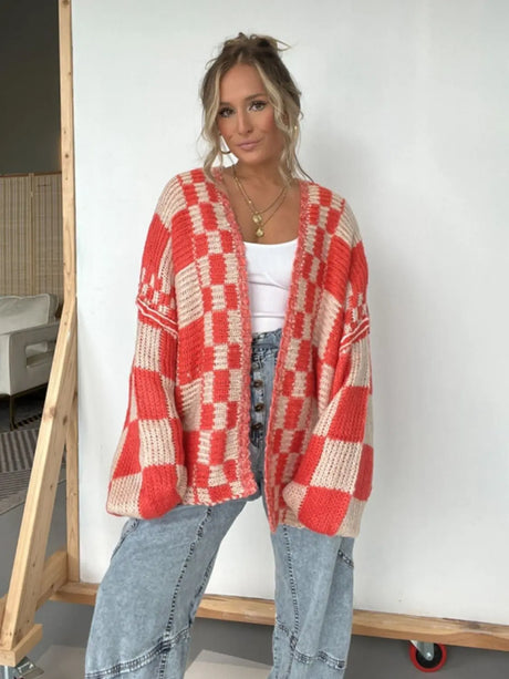 Plaid Open Front Long Sleeve Cardigan Trendsi Hanalas