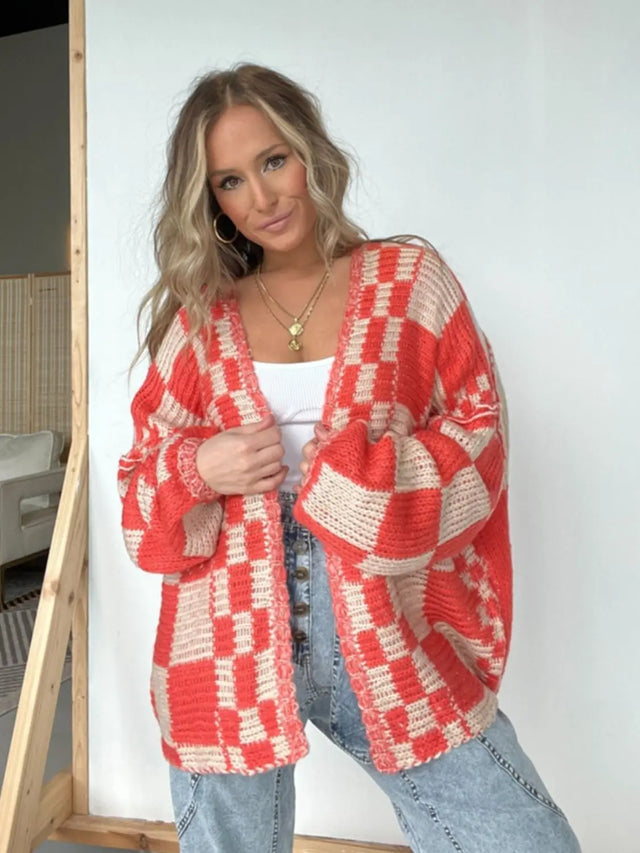 Plaid Open Front Long Sleeve Cardigan Trendsi Hanalas