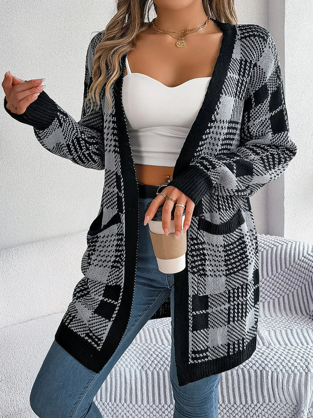 Plaid Open Front Long Sleeve Cardigan Trendsi Hanalas