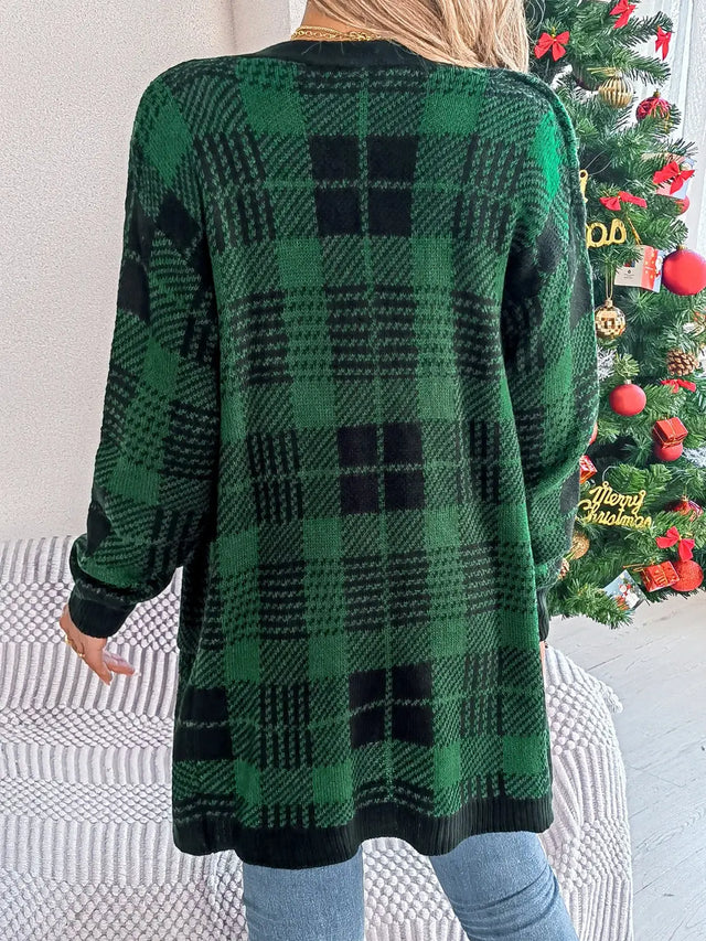 Plaid Open Front Long Sleeve Cardigan Trendsi Hanalas