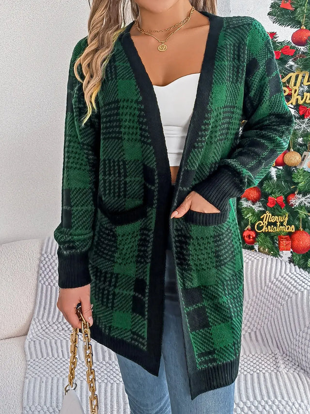 Plaid Open Front Long Sleeve Cardigan Trendsi Hanalas