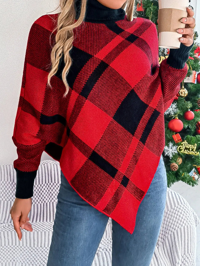 Plaid Turtleneck Batwing Sleeve Sweater Trendsi Hanalas