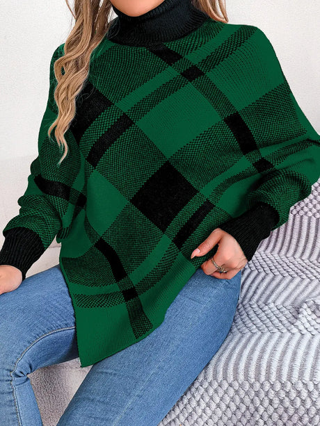 Plaid Turtleneck Batwing Sleeve Sweater Trendsi Hanalas