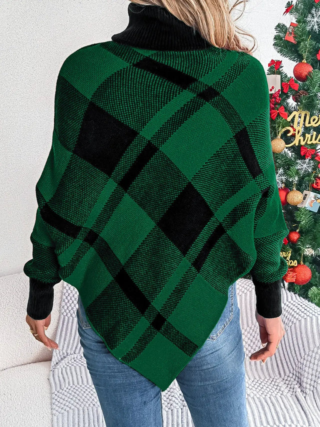 Plaid Turtleneck Batwing Sleeve Sweater Trendsi Hanalas