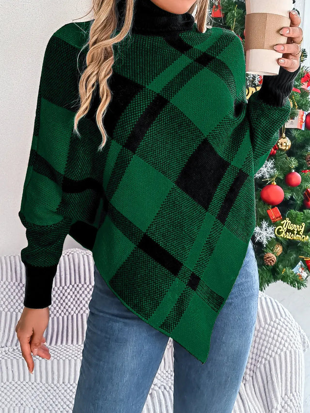 Plaid Turtleneck Batwing Sleeve Sweater Trendsi Hanalas