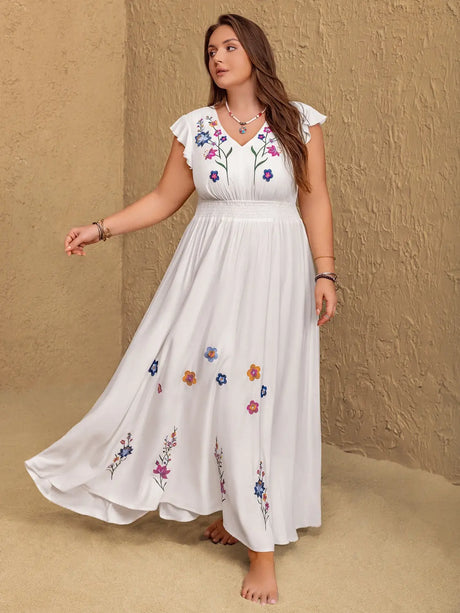 Plus Size Embroidered Floral V-Neck Cap Sleeve Maxi Dress | Hanalas