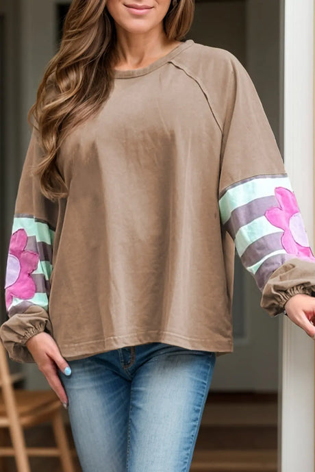 Plus Size Flower Round Neck Long Sleeve Blouse Trendsi Hanalas