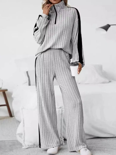 Plus Size Half Zip Long Sleeve Top and Pants Set | Hanalas