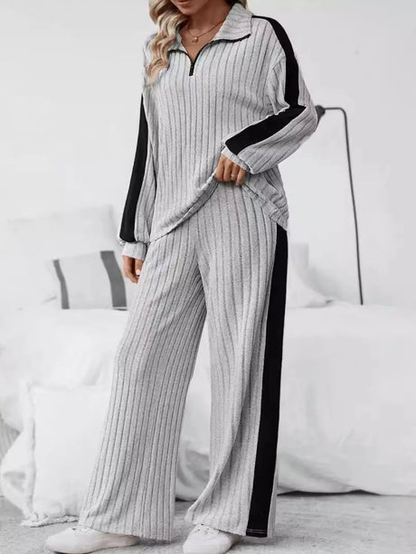 Plus Size Half Zip Long Sleeve Top and Pants Set | Hanalas