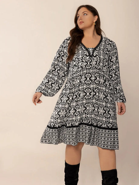 Plus Size Lace Detail Printed Balloon Sleeve Dress | Hanalas