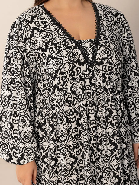 Plus Size Lace Detail Printed Balloon Sleeve Dress | Hanalas
