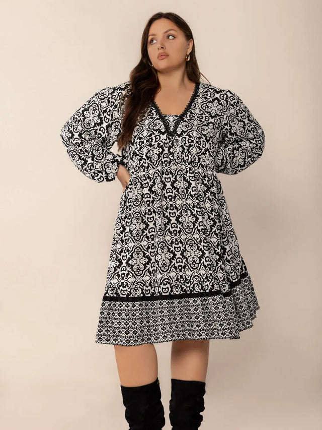 Plus Size Lace Detail Printed Balloon Sleeve Dress | Hanalas