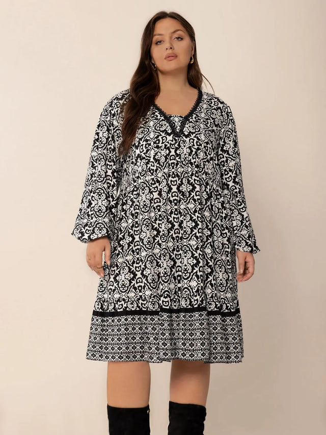 Plus Size Lace Detail Printed Balloon Sleeve Dress | Hanalas