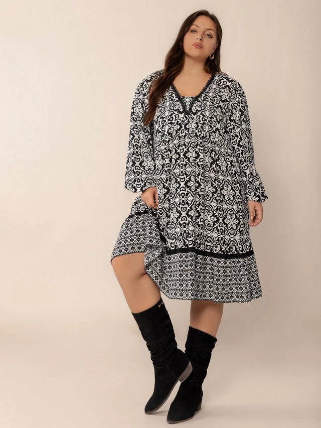 Plus Size Lace Detail Printed Balloon Sleeve Dress | Hanalas