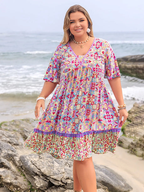 Plus Size Lace Detail Printed Half Sleeve Dress | Hanalas