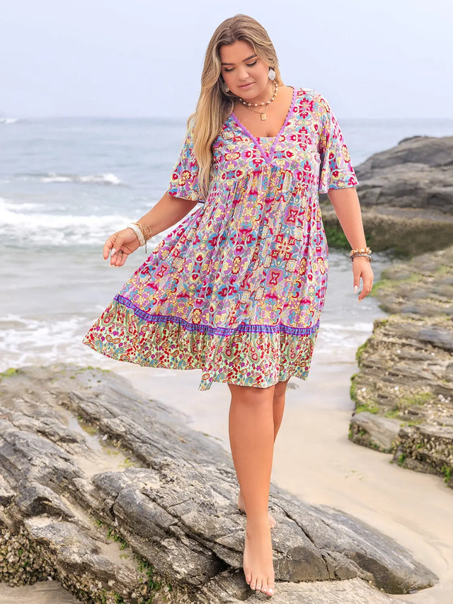 Plus Size Lace Detail Printed Half Sleeve Dress | Hanalas