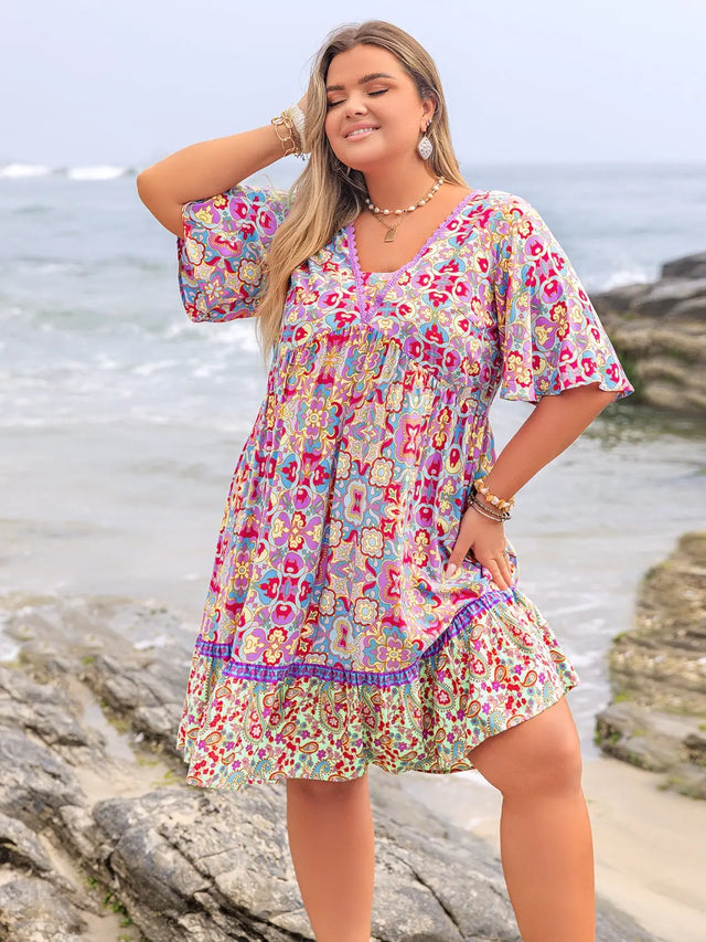 Plus Size Lace Detail Printed Half Sleeve Dress | Hanalas